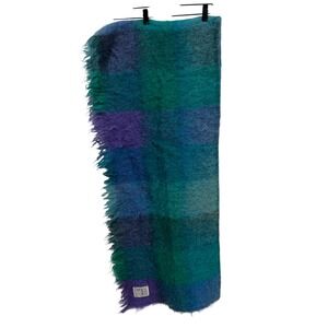 Avoca Handweavers Ireland Mohair Wool Scarf Plaid Purple Blue Fringe 68x18.5